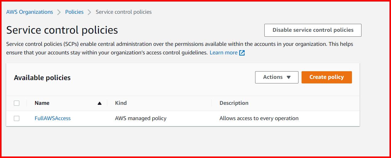 Picture showing the Create policy button for creating the new policy